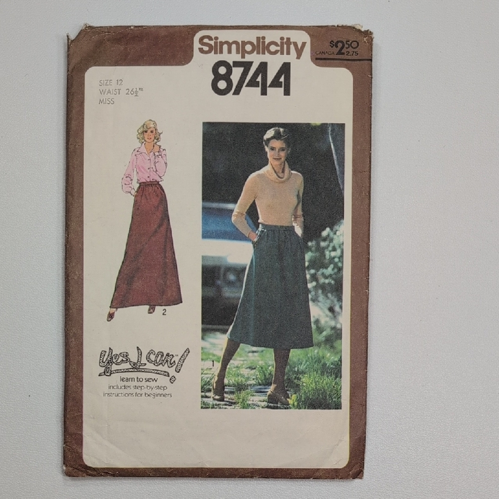 Vintage 1978 Simplicity Pattern 8744 Size 12, 26.5" Waist Maxi Skirt